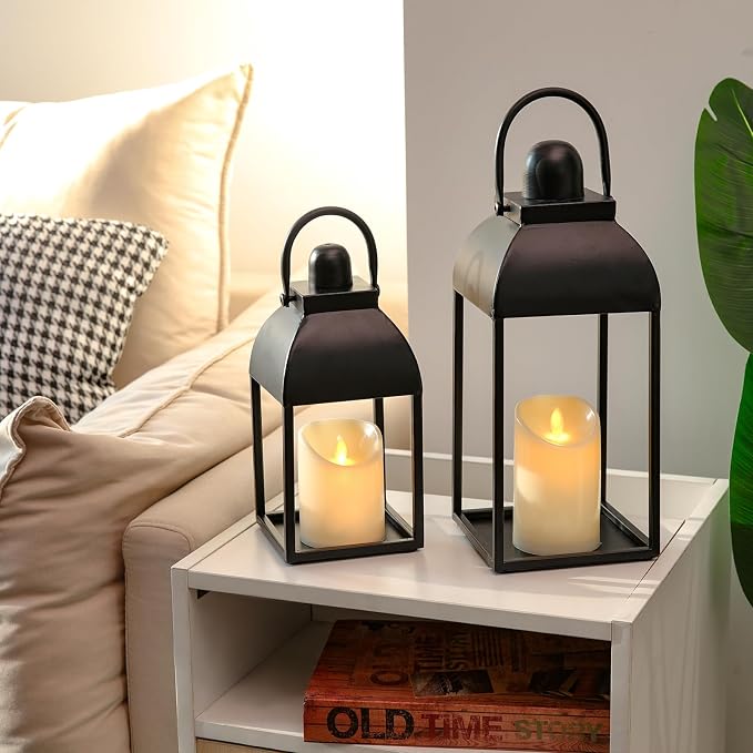 Lanterns Decorative Indoor Outdoor 15" 11" Set of 2 Lantern Decor Black Metal - Image 3