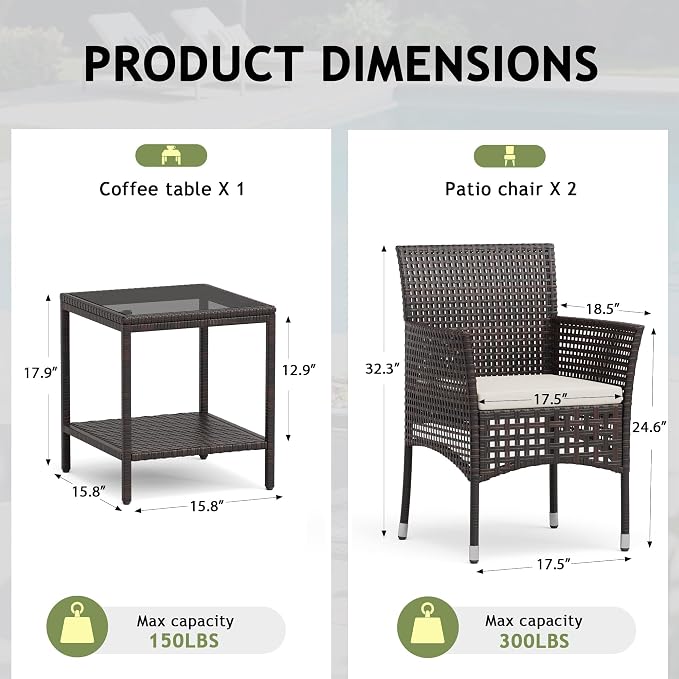 Devoko Outdoor 3 Piece Patio Furniture Set Wicker Chairs - Image 6