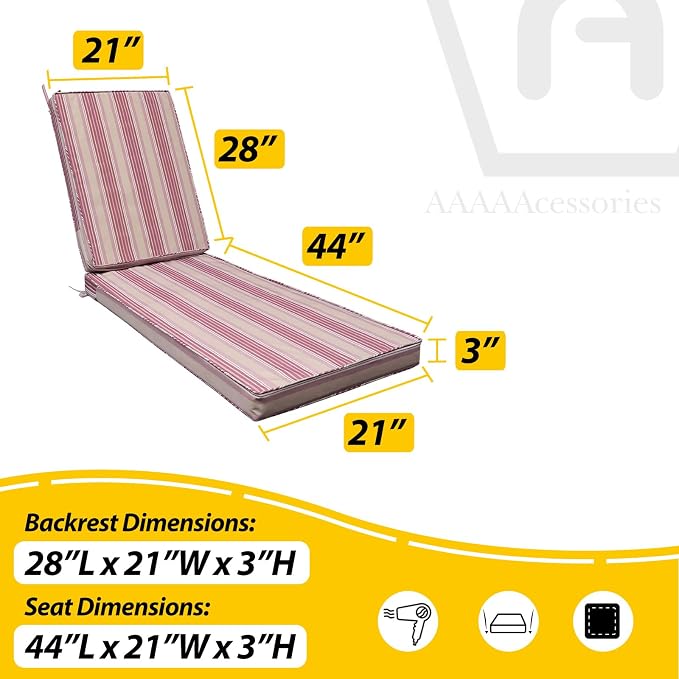 AAAAAcessories Outdoor Chaise Lounge Cushions, Fade-Resistant, Waterproof Patio - Image 5