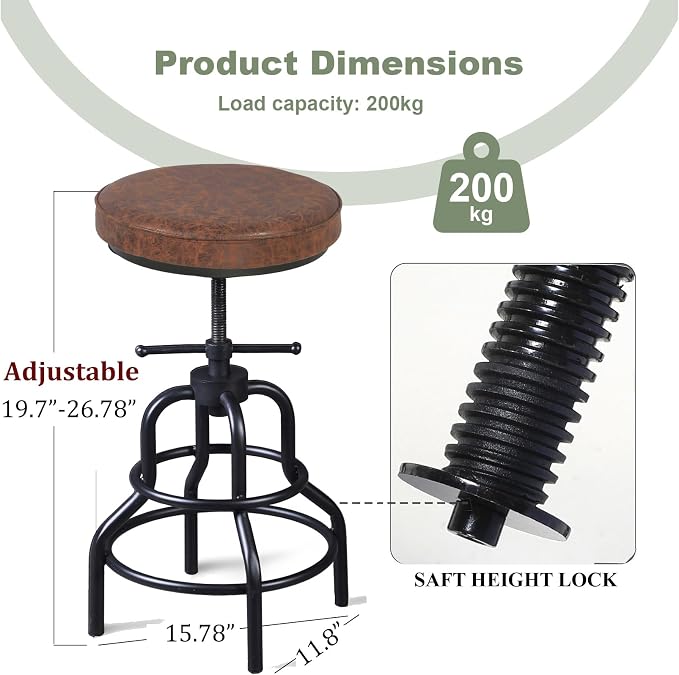 LOKKHAN Industrial Bar Stools-Swivel Leather Metal Bar Stool-20-27 Inch Tall - Image 3
