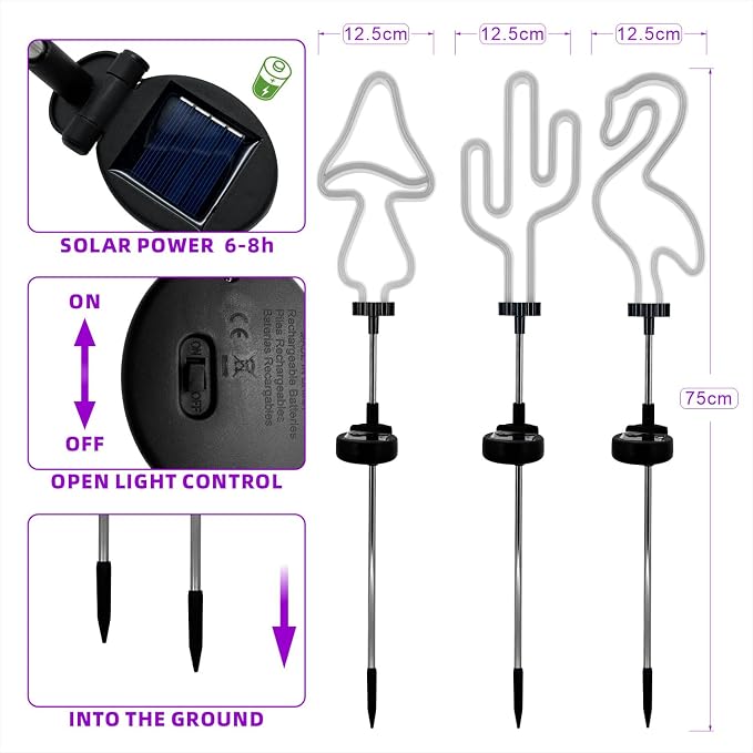 Flamingo Cactus and Mushroom Solar Garden Stake Lights Outdoor Waterproof Neon - Image 4