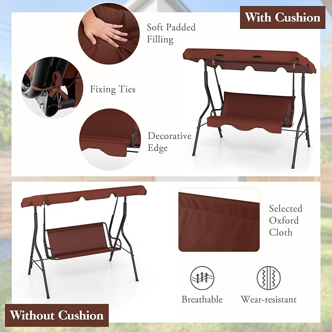 Porch Swing Outdoor, 3 Person Patio Swing w/Removable Cushion, Stand & - Image 5