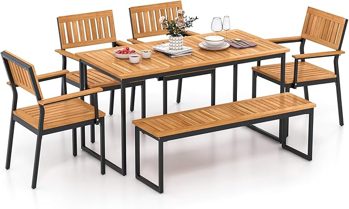 Tangkula 6 Pieces Outdoor Acacia Wood Dining Set, Patio Table and Chairs Set by TANGKULA