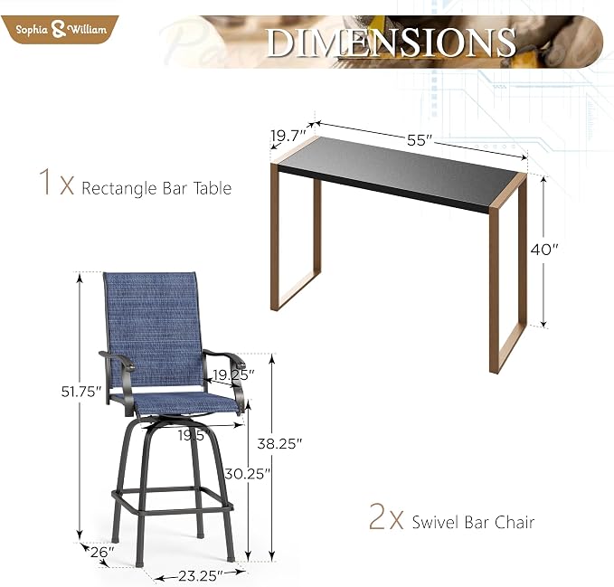 Sophia & William Outdoor Bar Set, Patio Bar Table and Chairs Set, Bar Height - Image 6