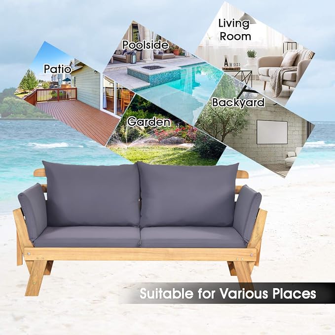 Tangkula Convertible Acacia Wood Patio Couch Sofa Bed - Image 6