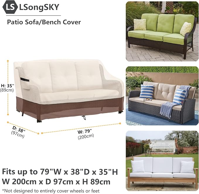 Patio 3-Seater Sofa Cover, Outdoor Couch Cover Fits up to 79W x 37D x 35H Inches - Image 3