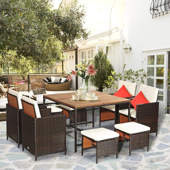 Tangkula 9 Pieces Acacia Wood Patio Dining Set, Space Saving Wicker Chairs and - Image 2