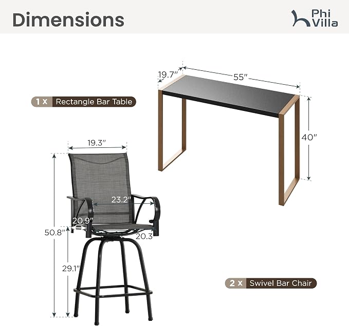 PHI VILLA 3 Piece Outdoor Bar Set, Bar Height Patio Bistro Table and Bar Chairs - Image 7