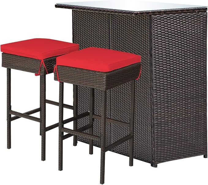 Tangkula Patio Bar Set, 3 Piece Outdoor Rattan Wicker Bar Set - Image 9