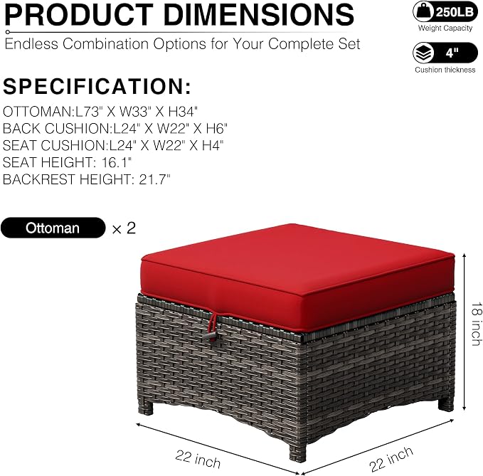 Joyside Outdoor Ottoman Set of 2, Patio Large Ottoman Foot Rest - Image 3