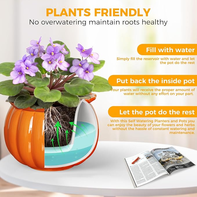 BUYMAX African Violet Pots, Halloween Pumpkin Plant Pots Ceramic Easy Self - Image 3