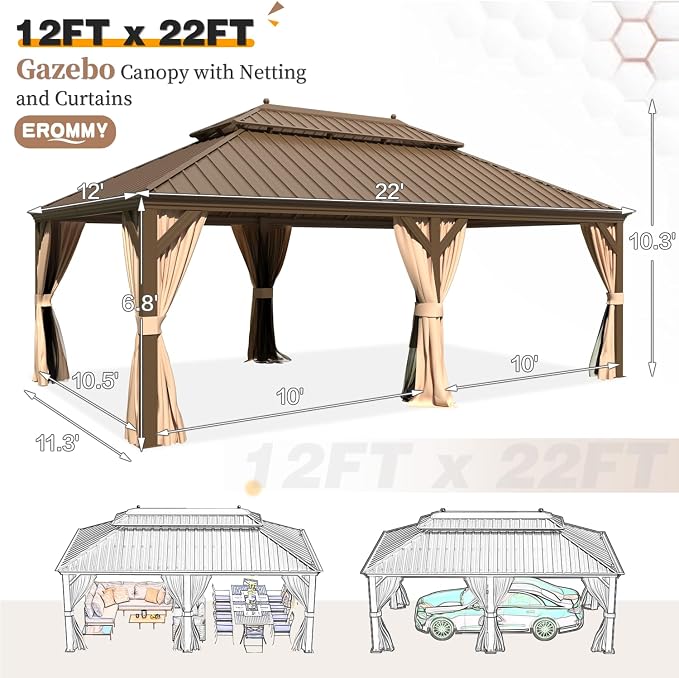 EROMMY 12'x22' Hardtop Gazebo, Galvanized Steel Double Roof Canopy - Image 2