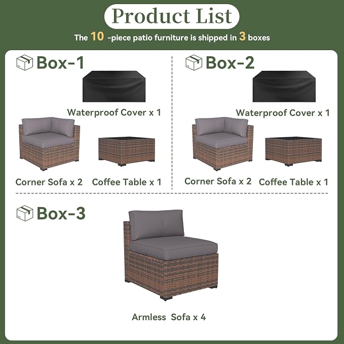Aoxun 10 Piece Patio Furniture Set Wicker Rattan Patio Conversation Set Outdoor - Image 6