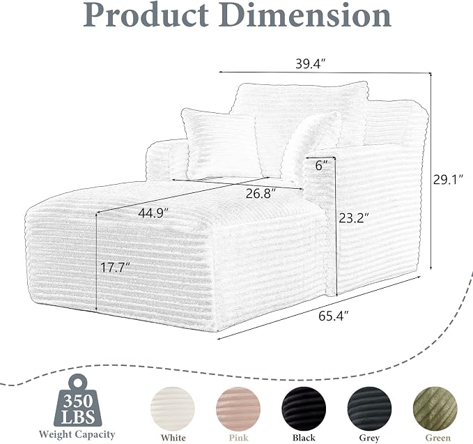65.4" Chaise Lounge Chair Indoor, Oversized Boneless Couch Comfy Upholstered - Image 2