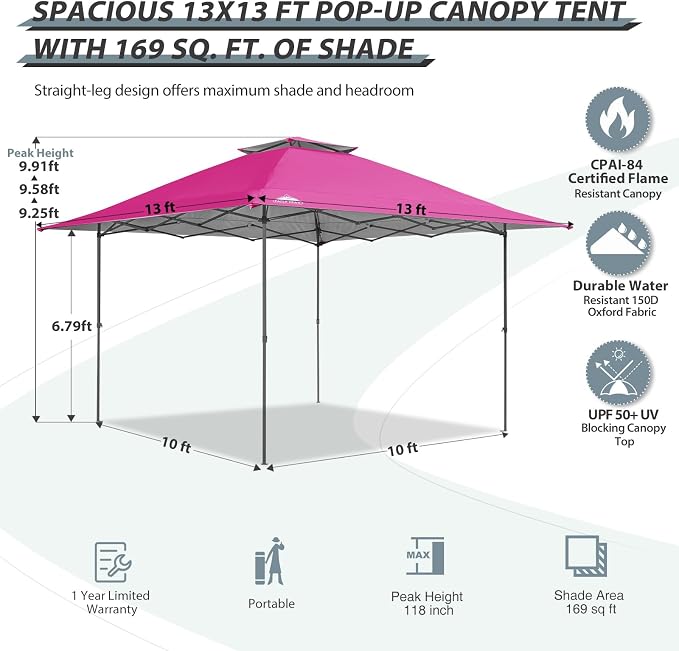 EAGLE PEAK 13x13 Straight Leg Pop Up Canopy Tent Instant Outdoor Canopy Easy - Image 3