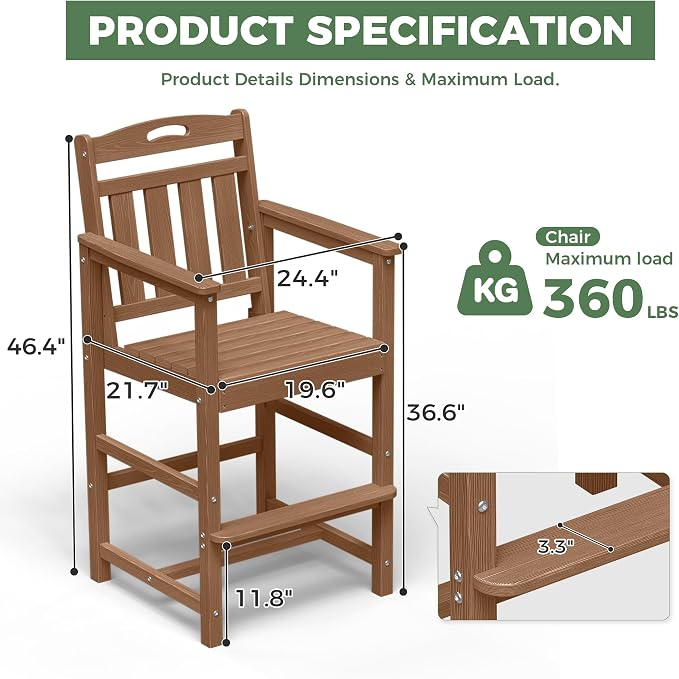 Outdoor Patio Tall Adirondack Bar Chairs Set of 2, All-Weather HDPE Bar Height - Image 4