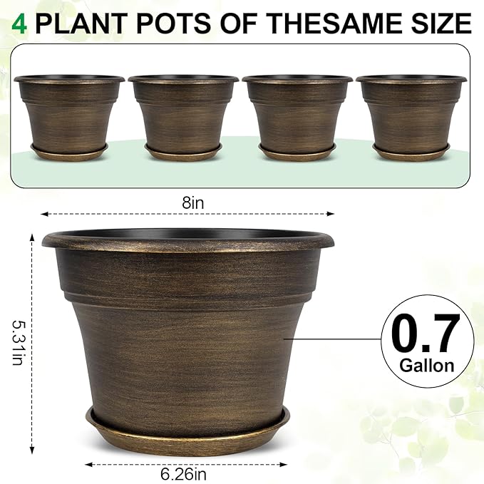 Plant Planters Pots Set of 4 Pack 8 Inch, Plastic Flower Pot - Image 3