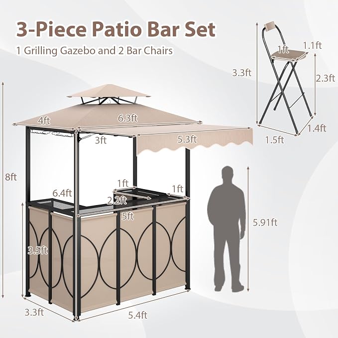 Tangkula 3 Piece Patio Bar Set, Grill Gazebo & 2 Foldable Bar Stools - Image 4