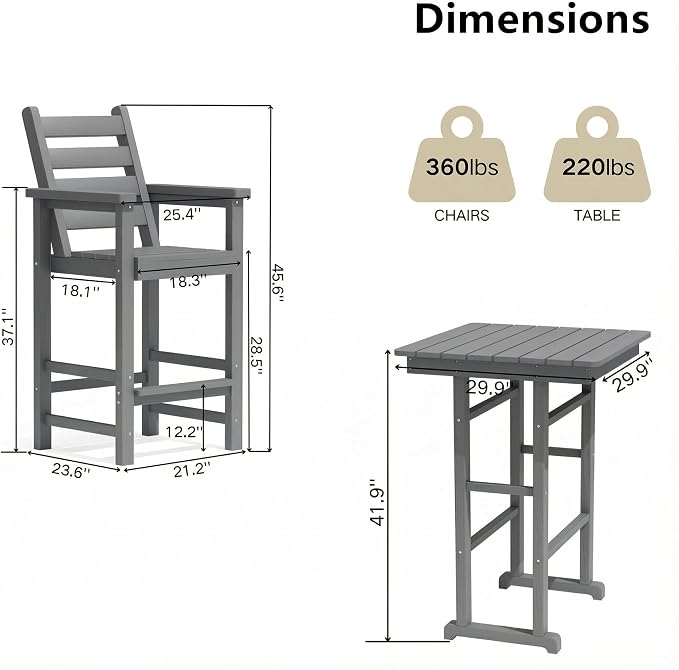 GLANC Adirondack Chairs and Table 3 Pieces Set, HDPE Balcony Bar Height Chairs - Image 8