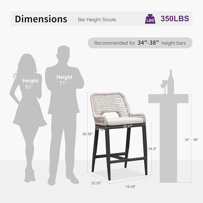 PURPLE LEAF Counter Height Bar Stools Set of 2 Outdoor Bar Chair - Image 2