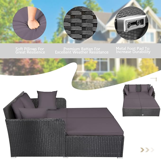 Outdoor Rattan Daybed, Patio Loveseat Sofa Set w/Comfortable Cushions, Extra - Image 6
