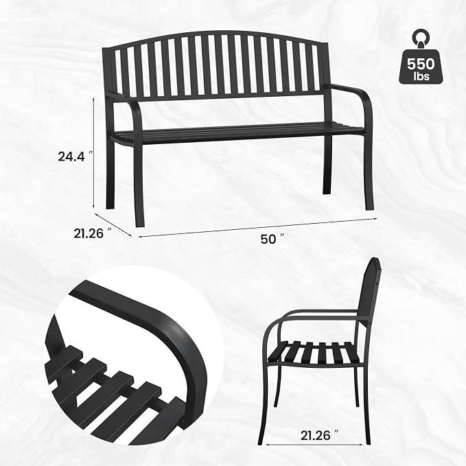 50" Outdoor Bench, Heavy-Duty Metal Frame Graden Bench, Weatherproof Patio Park - Image 3