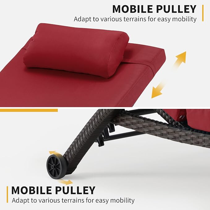 HOMREST Chaise Lounge Chairs Set of 2, PE Rattan Wicker Patio Lounge Chair - Image 4