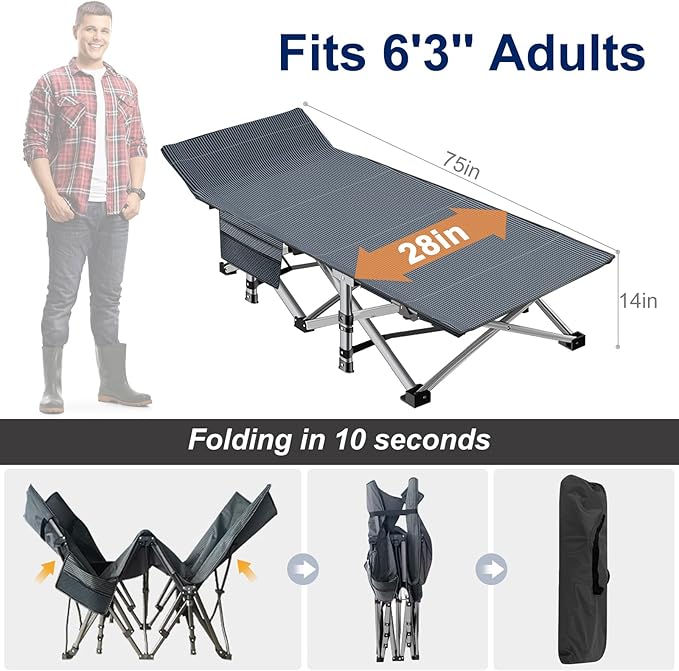 ABORON Camping Cot for Adult 28" Extra Wide, Heavy-Duty 1200D Oxford Cot for - Image 4