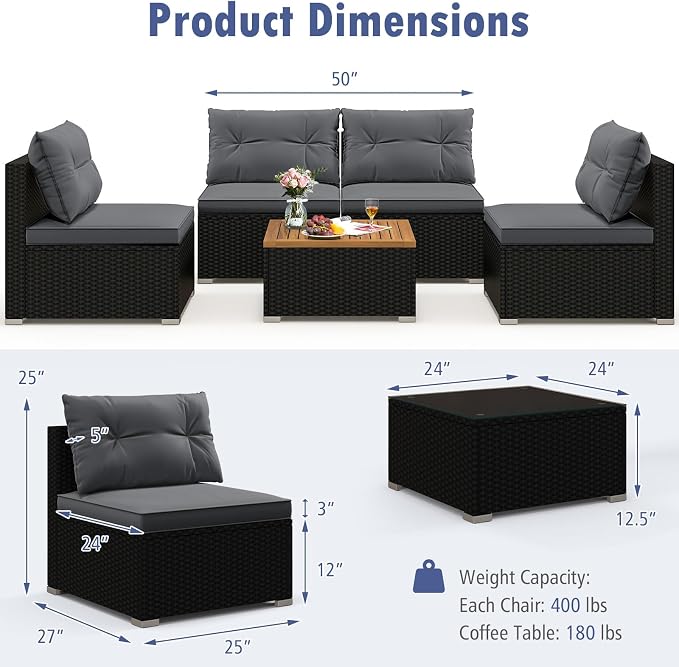 Tangkula 5 Piece Rattan Sofa Set, Outdoor Wicker Furniture Set w/Seat & Back - Image 8