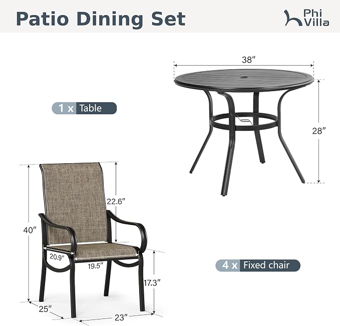PHI VILLA 5 Piece Round Patio Dining Set, Round Metal Table - Image 8