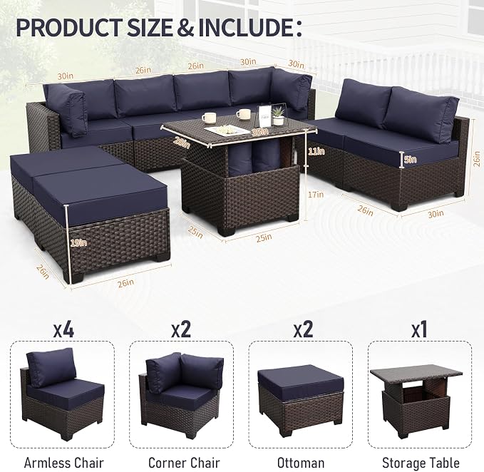 9 Pieces Wicker Patio Furniture Set Outdoor PE Rattan Sectional Conversation - Image 3