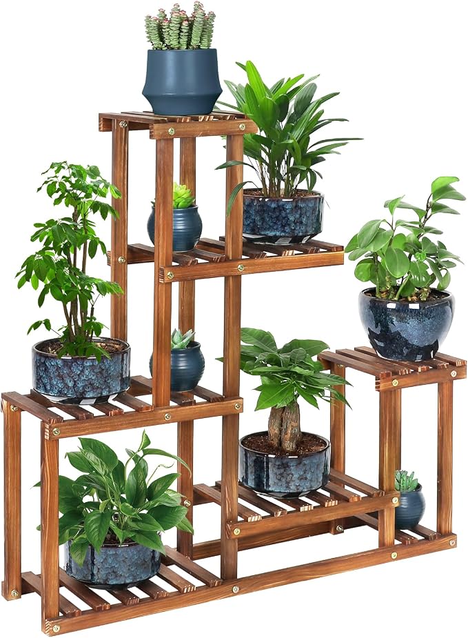 Wood Plant Stand Indoor Outdoor Multi Tiered Corner Plant Shelf Holder High Low by COOGOU