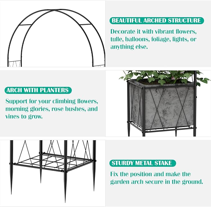 Garden Arch Arbor Trellis with Planter Boxes 8.2 Ft Metal Arch Trellis - Image 3