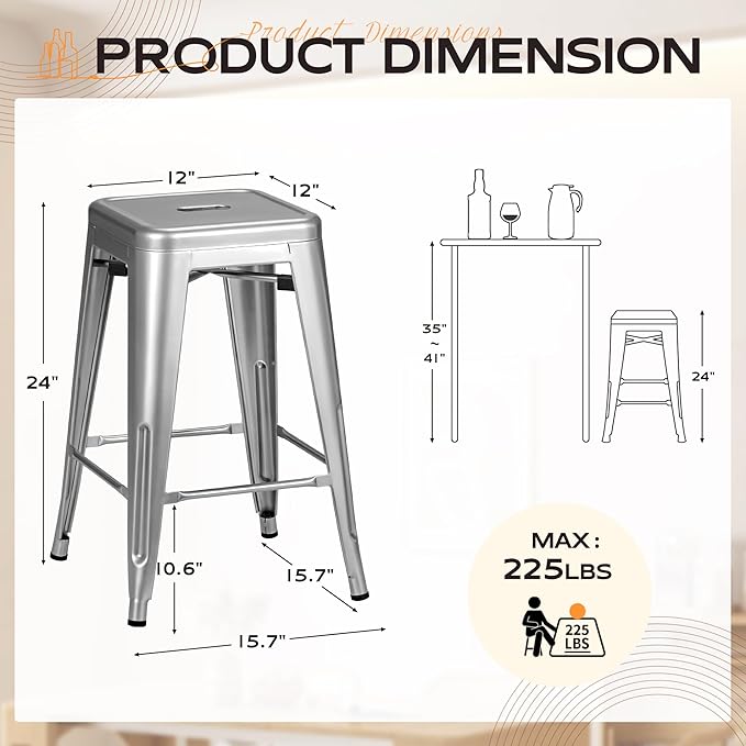 Furmax 24 Inch Metal Bar Stools Set of 4, Counter Height Bar Stools Height High - Image 3