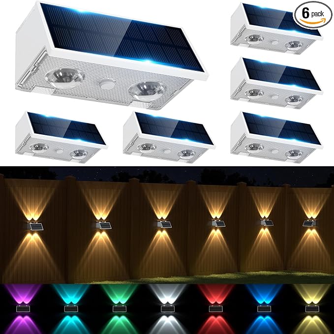 Solar Fence Lights Outdoor, 6 Pack Waterproof LED Warm & Cool White RGB Wall by SIAFAVOI