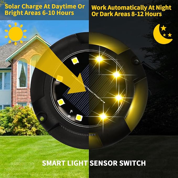 Solar Ground Lights Outdoor Waterproof, 8 Pack 12 LEDs Solar Garden Disk Lights - Image 3