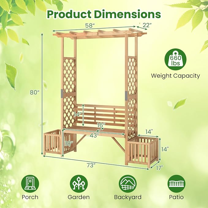 Giantex Outdoor Bench with Garden Arbor & 2 Planter Boxes, Wooden Trellis - Image 3