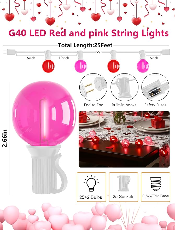 25FT G40 LED Outdoor Valentine's Day String Lights, Hanging Patio Lights - Image 2