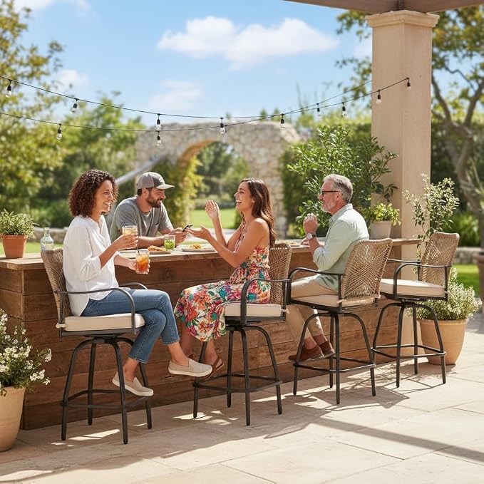 Outdoor Bar Stools Set of 4, 360° Swivel Metal Frame, Wicker Patio Bar Height - Image 8