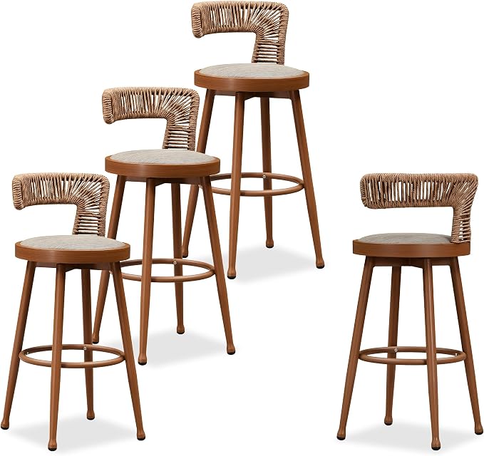 PURPLE LEAF Outdoor Swivel Bar Height Stools Set of 4 Metal Modern Wicker Bar by PURPLELEAF