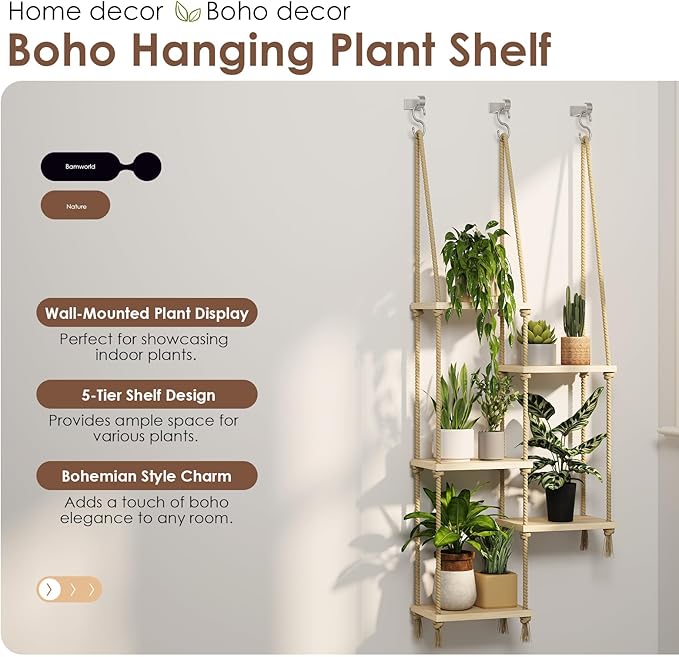 Bamworld Hanging Shelves Plant Hanger Indoor Window Plant Shelves Wood Plant - Image 5