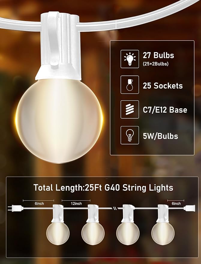 25FT Frosted White Lights G40 Globe Outdoor String Lights Patio Lights - Image 3