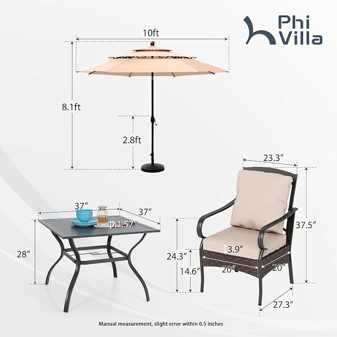 PHI VILLA 6 PCS Outdoor Dining Sets, All-Weather Square Patio Table and Chairs - Image 2