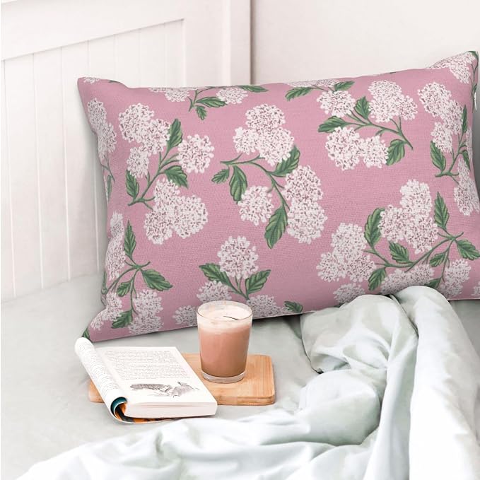 Pink Pillow Covers 12x20 Inch 2 Pcs Preppy Pink Green Hydrangea Flower Decor - Image 2