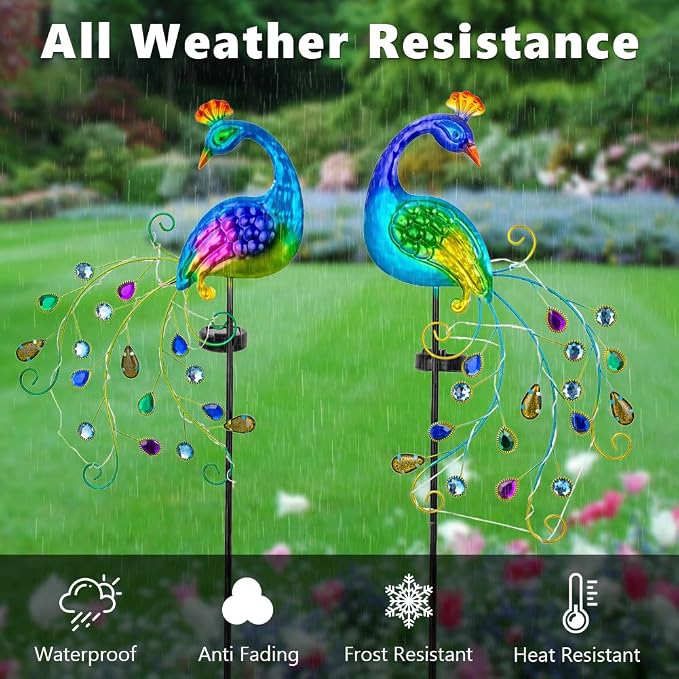 DREAMSOUL 2 Pack Peacock Solar Lights Outdoor, Waterproof Metal Peacock Outdoor - Image 6