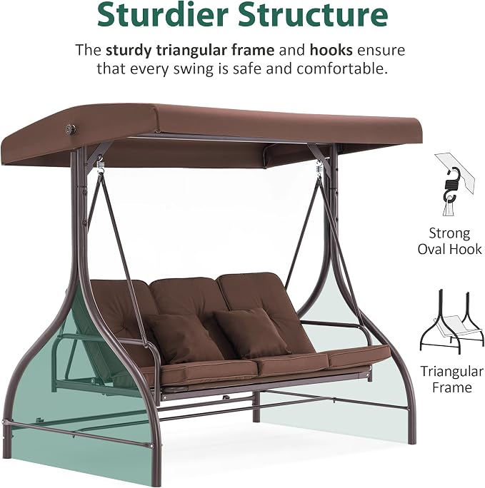 MCombo 3-Seat Outdoor Patio Swing Chair, 2-in-1 Convertible Porch Swing Glider - Image 7