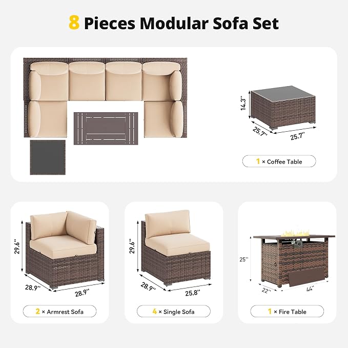 Aoxun Patio Furniture Set with Fire Pit Table, 8 Piece Outdoor Sectional Sofas - Image 7
