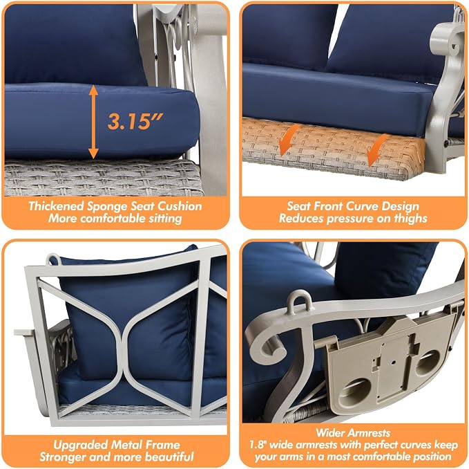 Heavy Duty 900 LBS Porch Swing Chair 3-Person Outdoor Rattan Patio Swing Lounge - Image 4