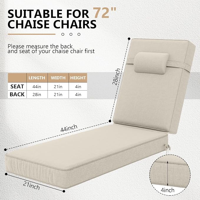 72 x 21 x 4 Inch Olefin Chaise Lounge Cushions, Lounge Chair Cushions - Image 2