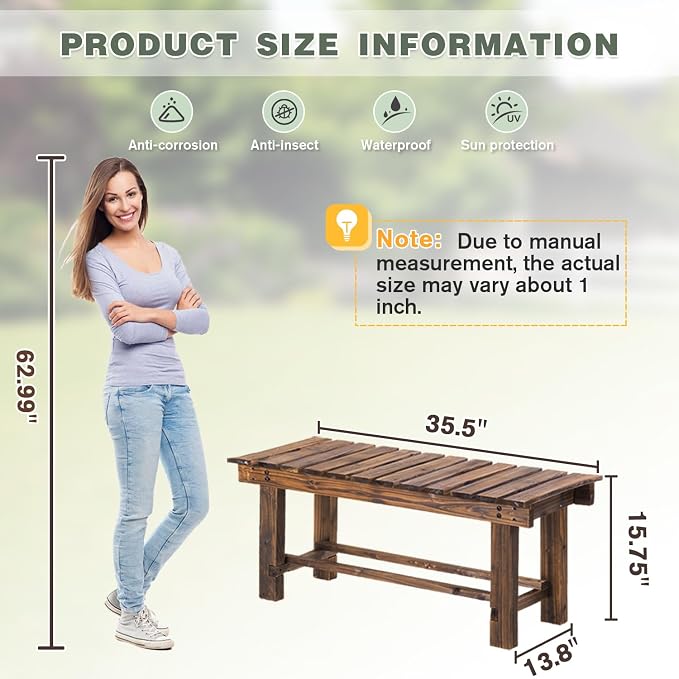 Outdoor Garden Bench, 2-Person Wood Patio Bench Weatherproof Outdoor Backless - Image 2